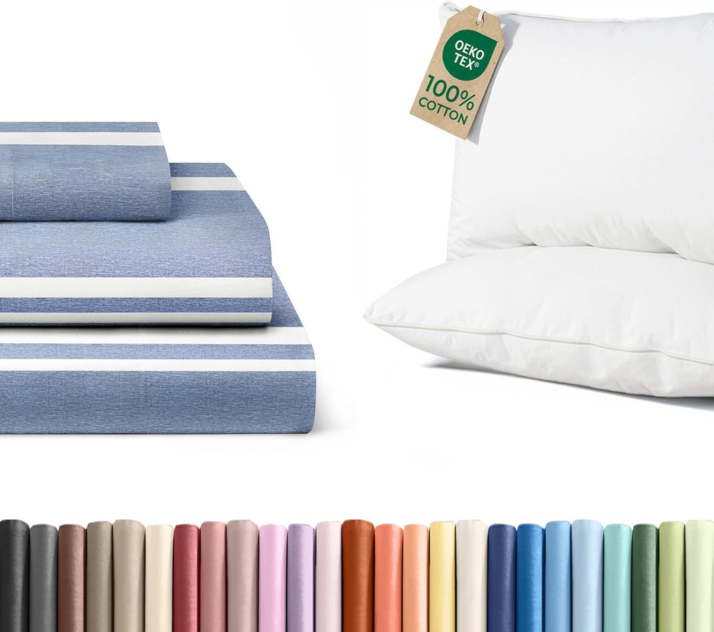 Twin Sheet Set & Queen Cotton Pillow 2-Pack - Soft & Comfy