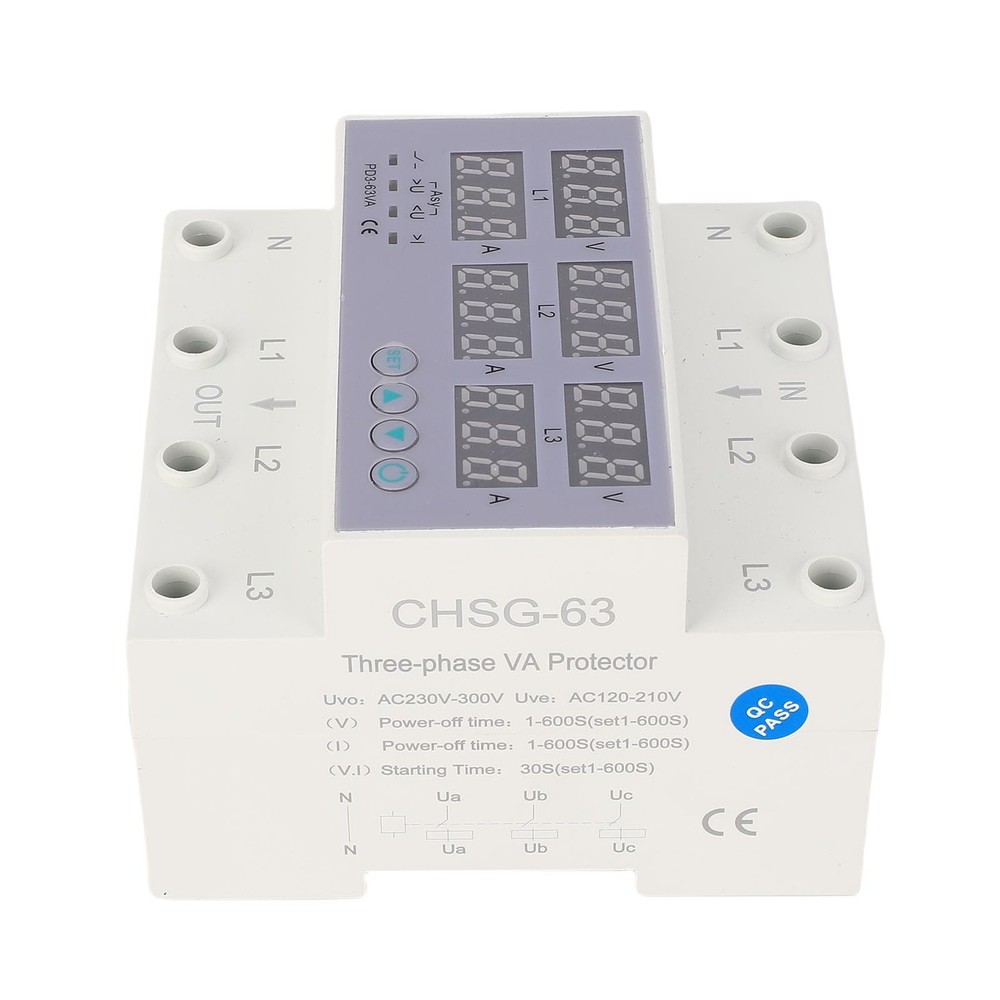 63A 3 Phase DIN Rail Voltmeter Ammeter Auto Overvoltage Overcurrent Protector AC
