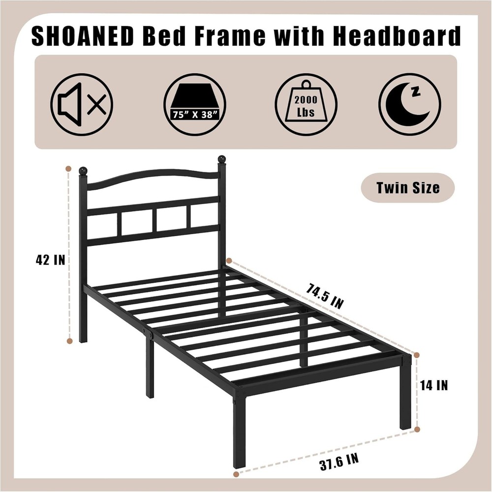 14 Inch Metal Bed Frame Twin Size Heavy Duty Bedframe W/ Headboard Black Basic