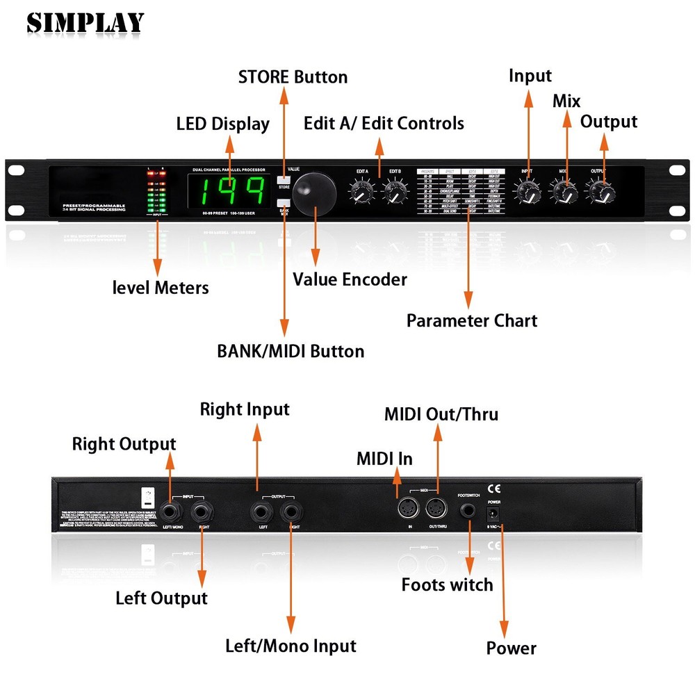 GAX-4II 110-220V 24Bit Reverb DSP Processor Digital Equalizer with 200 Programs