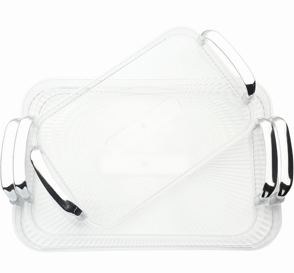 3 Pack Serving Tray Platters with Handles, Stackable Reusable Transparent