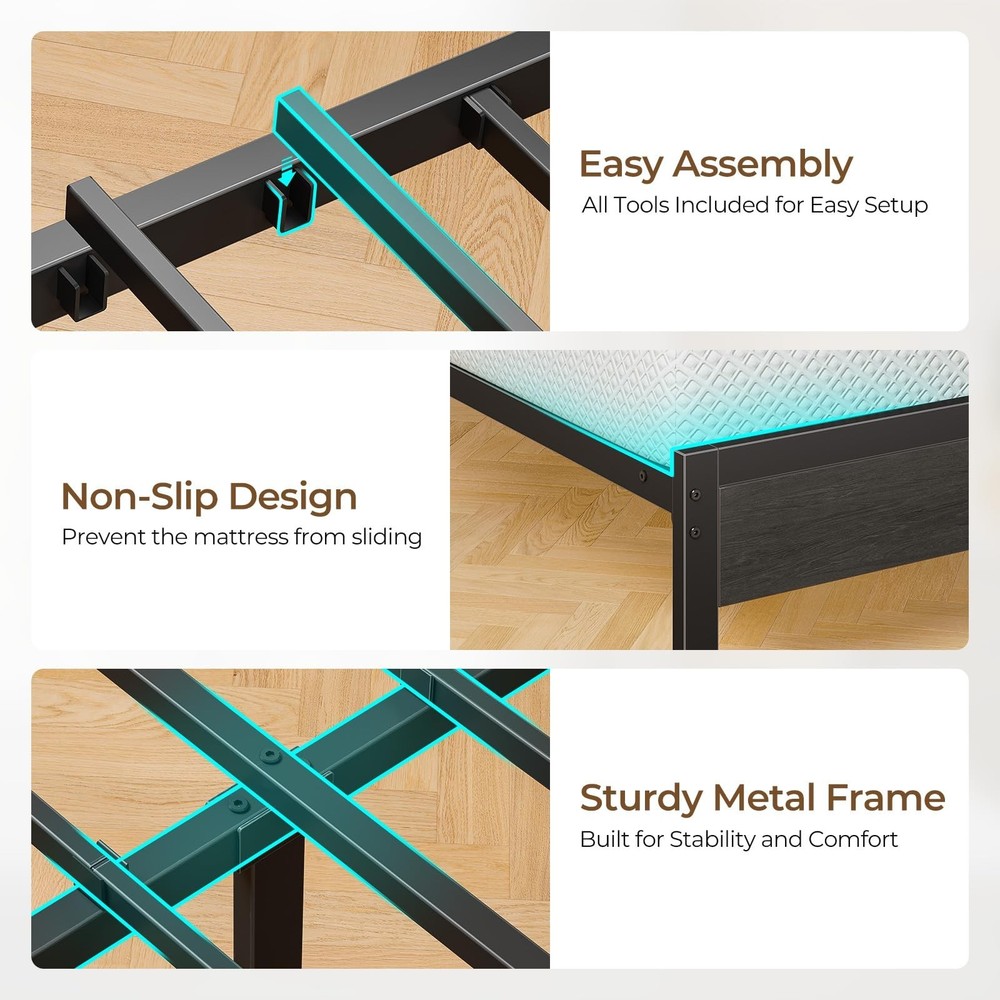 Seventable Bed Frame Twin Size with Charging Station, LED Bed with Upholstere...