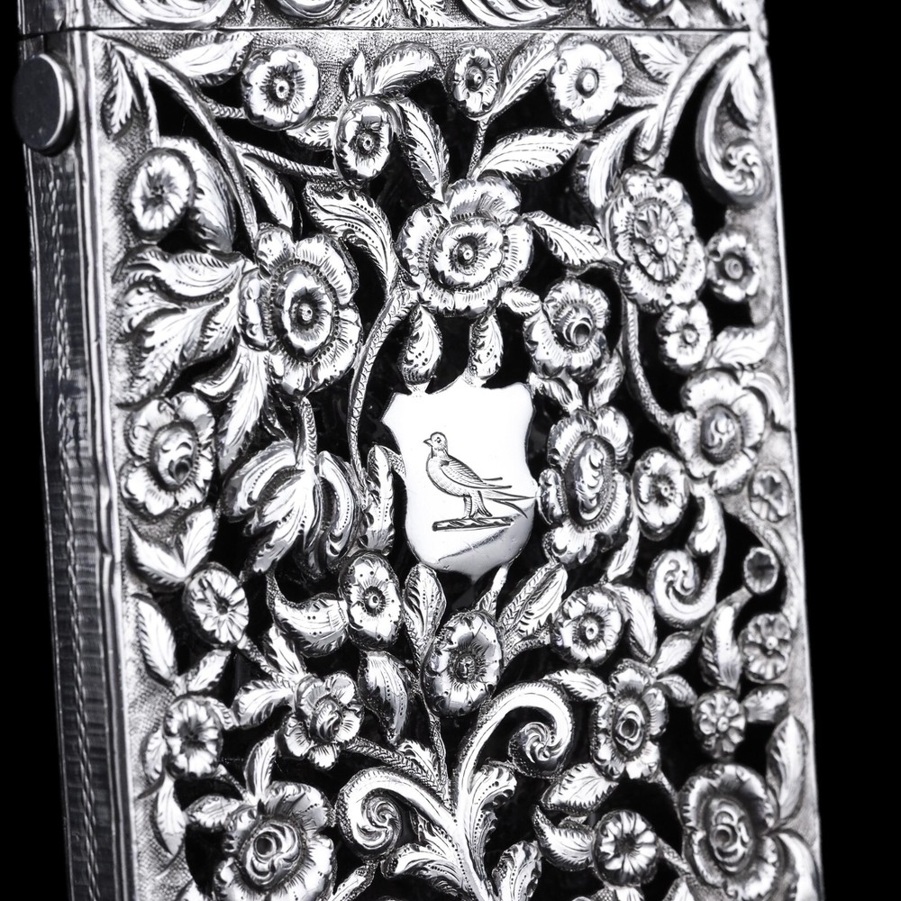 Antique Victorian Solid Silver Card Case Pierced Flowers - Francis Clark 1839