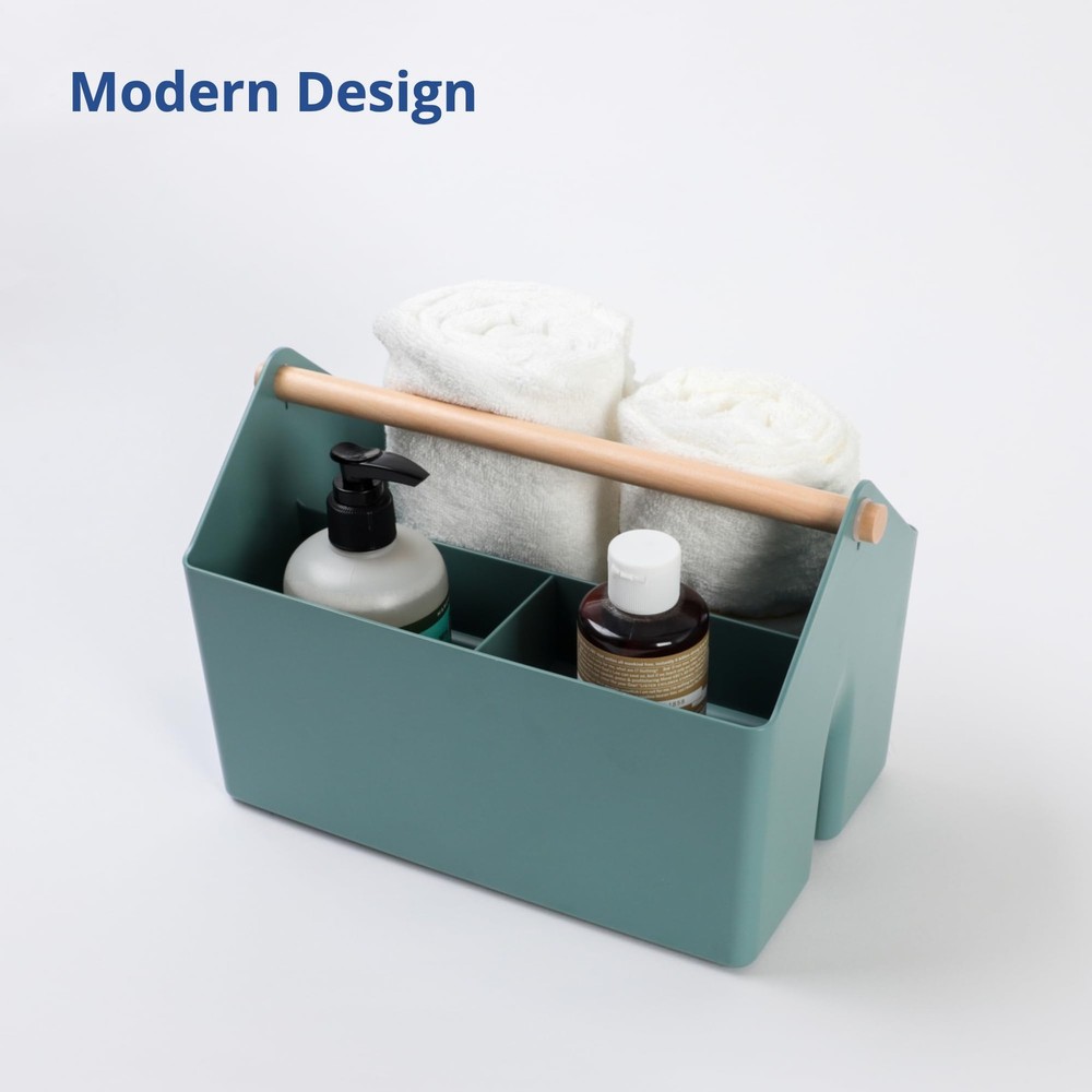 Medium Storage Basket – Plastic Caddy with Wooden Handle for Office, Arts & C...