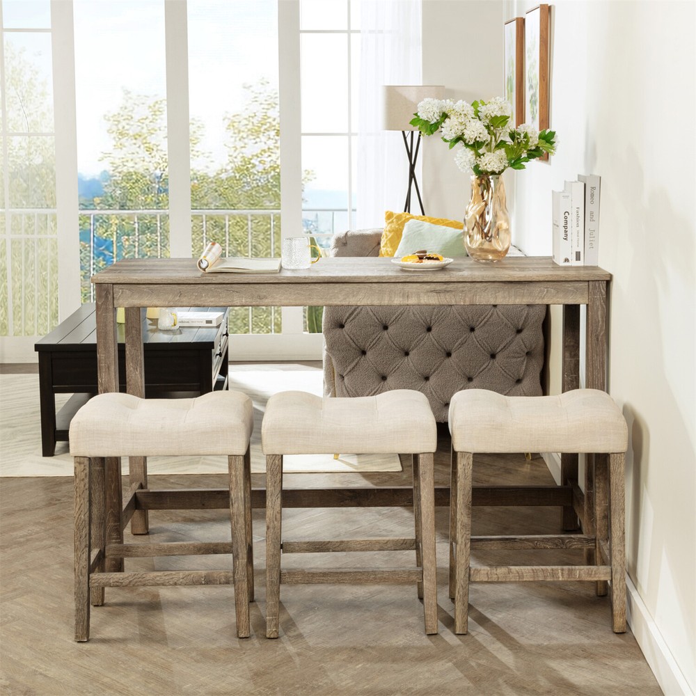 4 Piece Bar Table Set Counter Height Kitchen Dining Table with 3 Stools