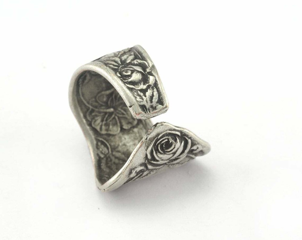Spoon Ring Flower Adjustable Antique Silver Plated Brass Flowers Rose Leaf