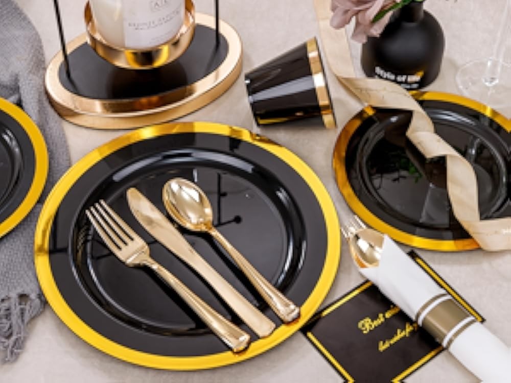 Bla and Gold Plastic Plates - Gold Disposable Dinnerware Sets for