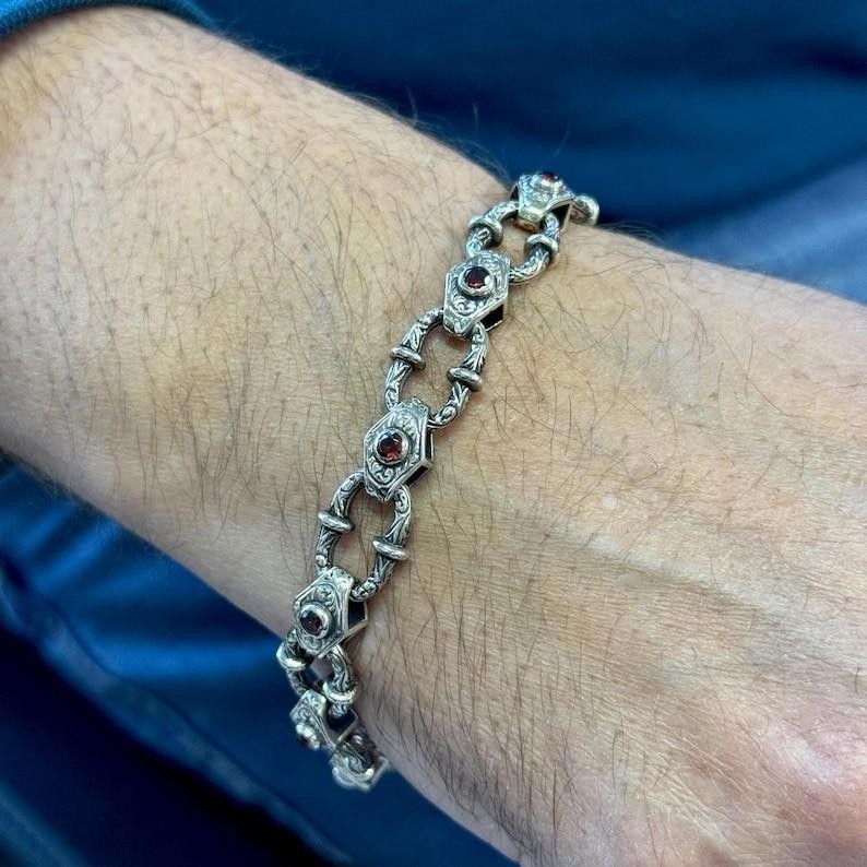 Men Silver Ruby Hand-Engraved Bracelet, Red Ruby Gemstone Chain Bracelet