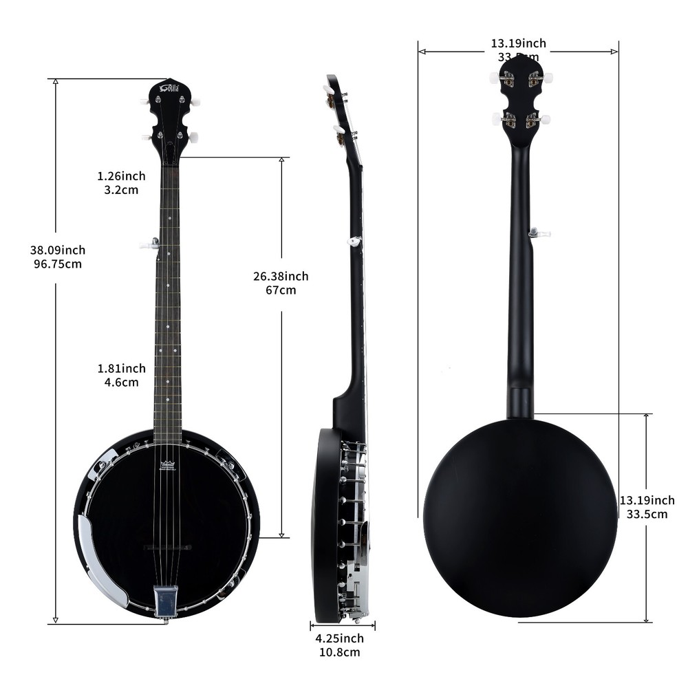 5 String Full Size Acoustic Electric Banjo Solid Back Remo Ebony Black Top Sapel