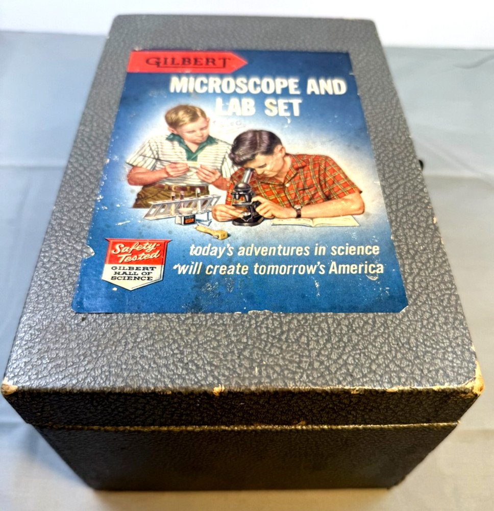 Gilbert Silver Medal Microscope Lab Set w/ 12 Slide Box & Case