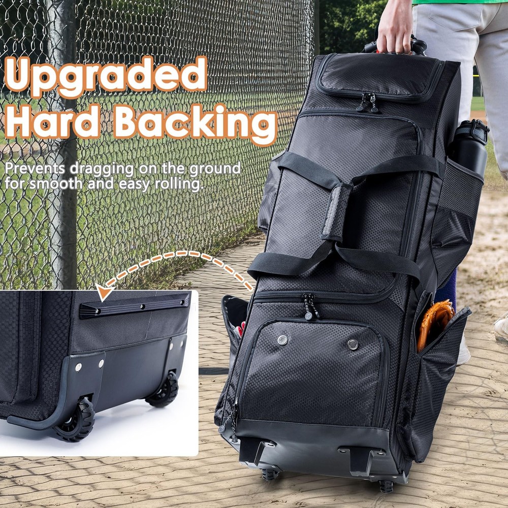 Upgraded Rolling Baseball Bag with Sturdy Hard Backing - Large Softball Bag w...