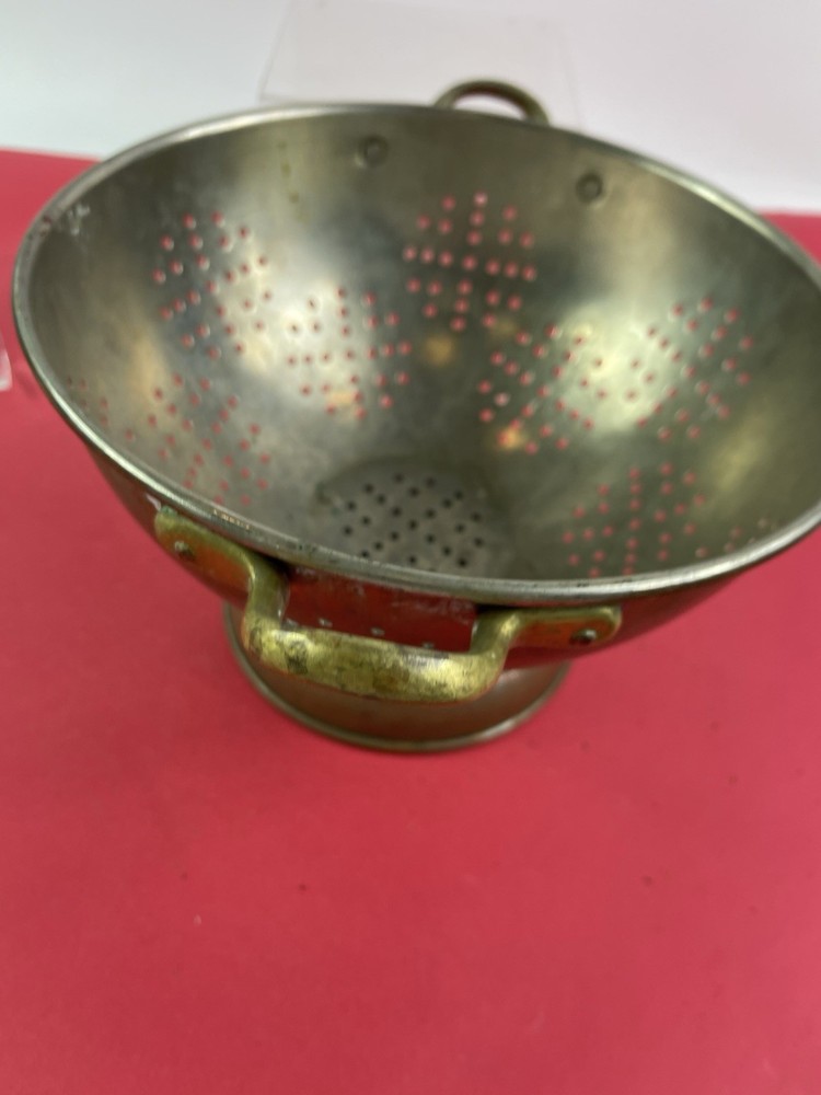 Vintage Copper 9" Colander Strainer Bowl Brass Handles