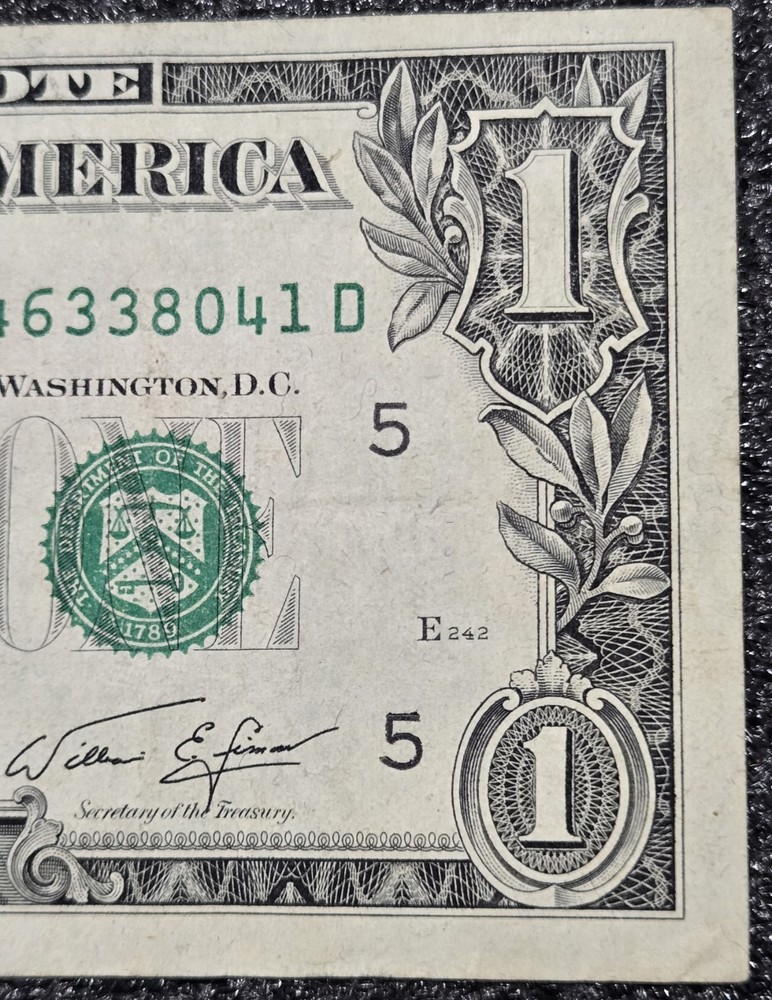 $1 1974 Dollar Bill FRN Gutter Fold Error With Cutting Error On Back Currency