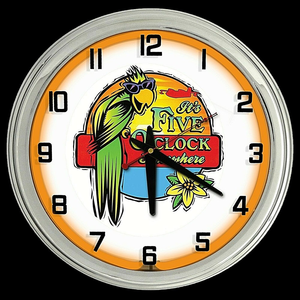 16" It's 5 O'Clock Somewhere Orange Neon Wall Clock Garage Man Cave