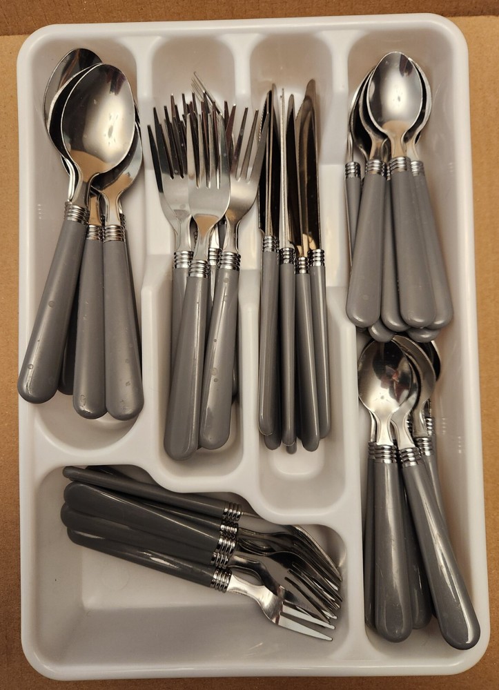 49 Piece Stainless Steel & Plastic Flatware Set w/ Tray, Gray, Service 8