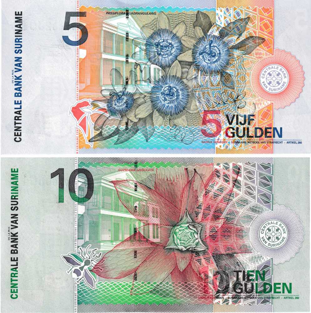 Suriname (Set #1) 5 and 10 Gulden, 2000, Uncirculated 2 note set