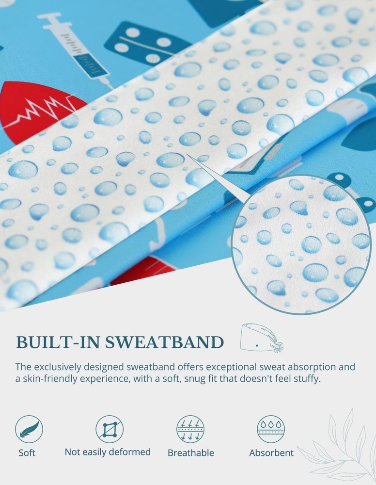 Womens Double-Sided Printed Adjustable Scrub Surgical Cap Buttons Breathable