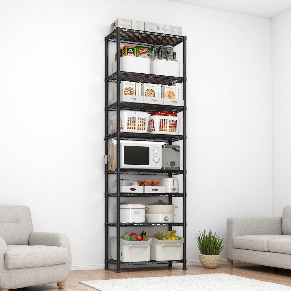 8-Tier Wire Shelving Unit - Heavy Duty, Adjustable, Modular, Hooks & Black