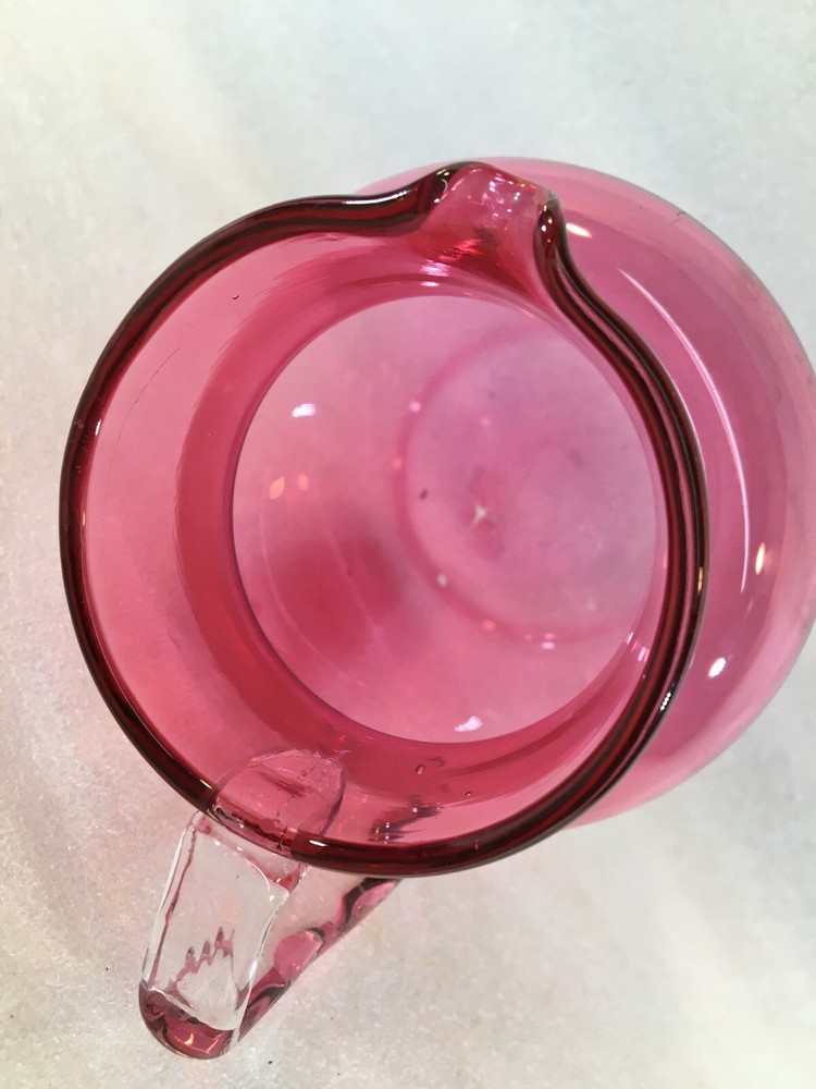 5" Hand Blown Cranberry Pitcher w/Applied Clear Glass Handle