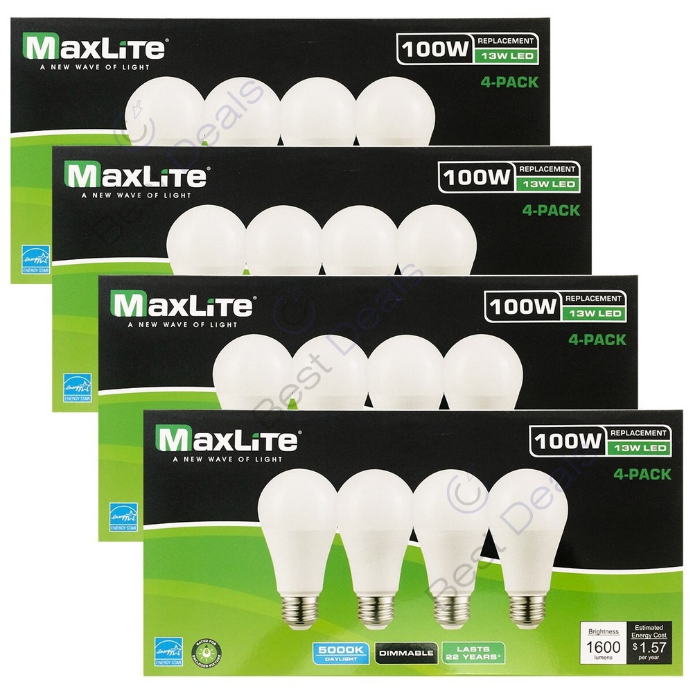 Maxlite Dimmable LED 13W Daylight Light Bulb A19 100W replacement 5000k- 16 PACK