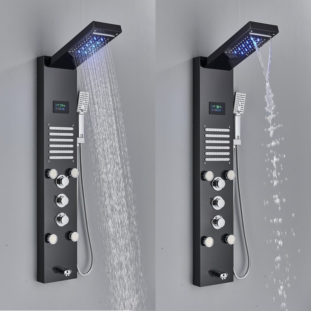 LED Rain&Waterfall Shower Panel Tower System Massage Jet With Hand Shower Black