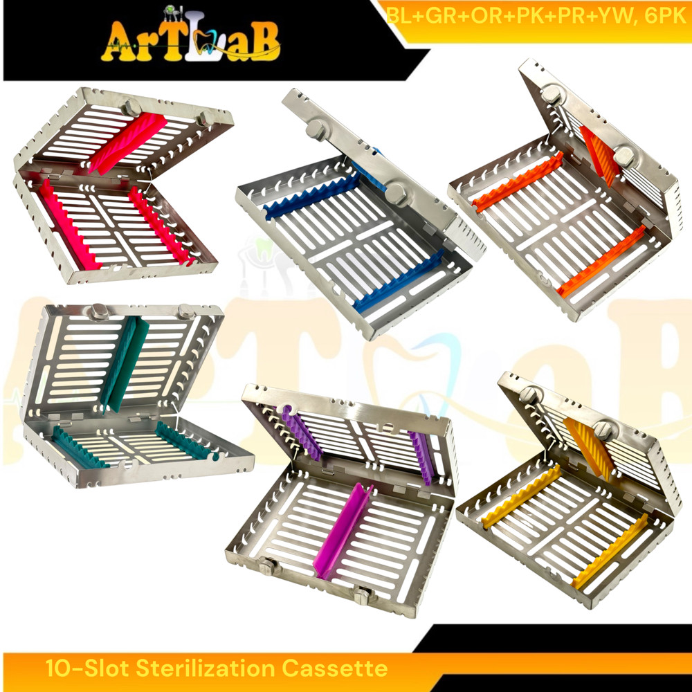 6 Count - Sterilization Cassettes for 10 Instruments, Detachable, 2-Button Lock