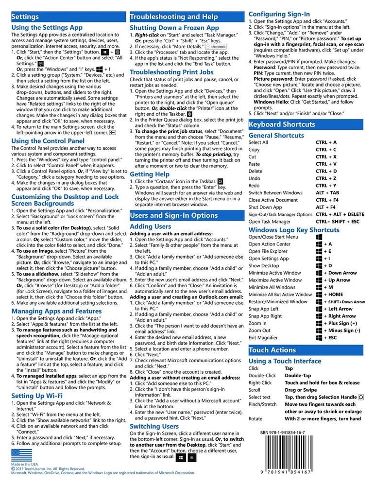Windows 10 Training Guide Quick Reference Card 4 Page Cheat Sheet Instructions