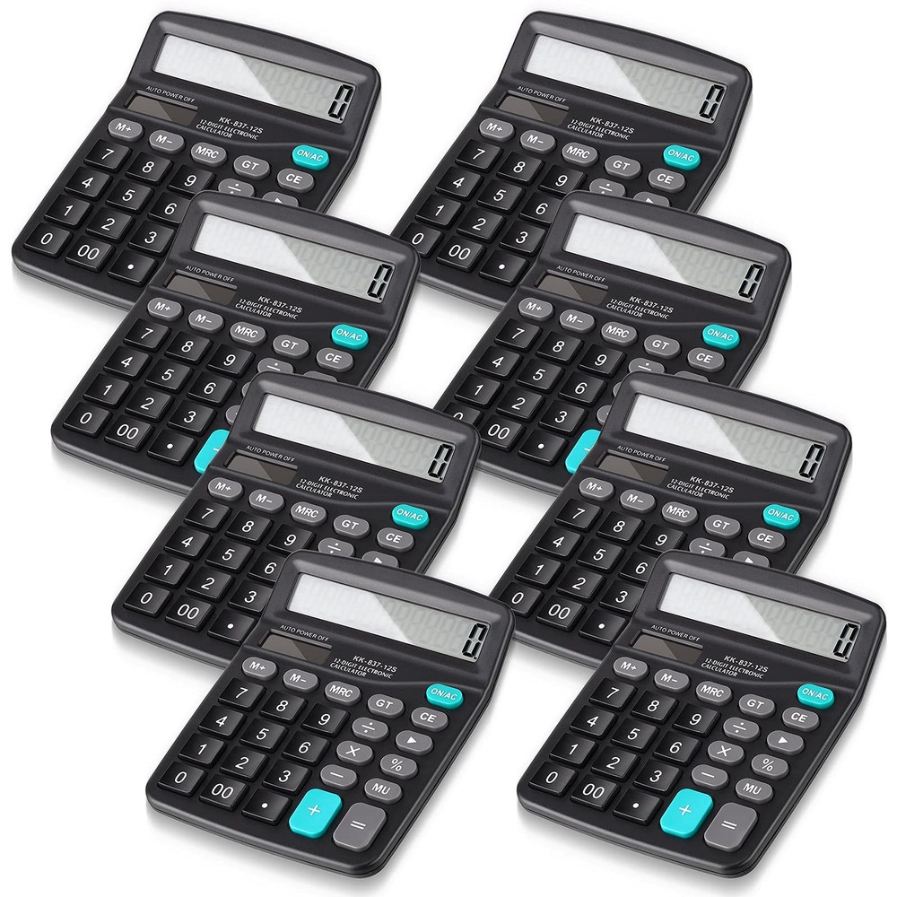 8 PCS Black 12-Digit Solar Basic Desktop Calculator Large Display Dual Power