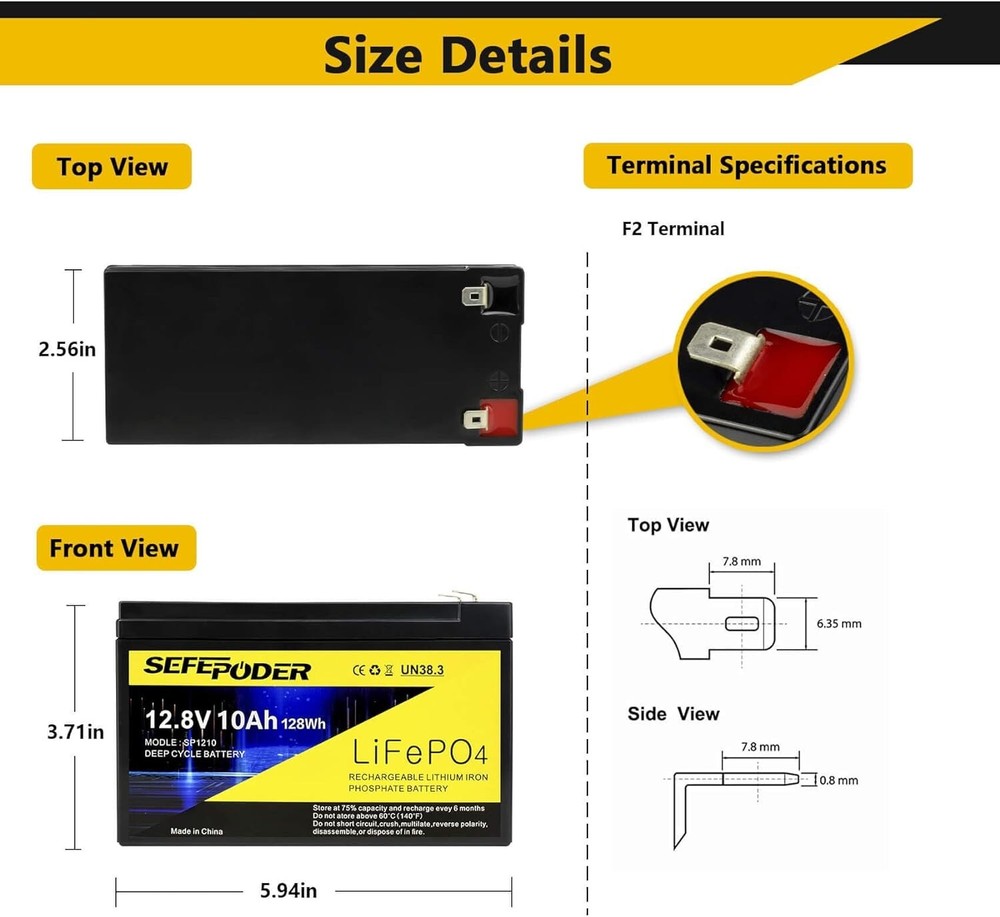 SEFEPODER LIFEP04 Rechargeable Battery 12.8V / 10ah / 128WH