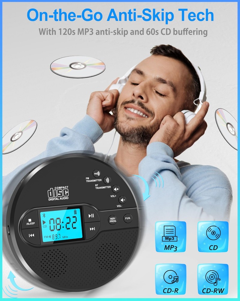 Portable CD Player with Bluetooth, FM Transmitter, Rechargeable, Anti-Skip, LCD