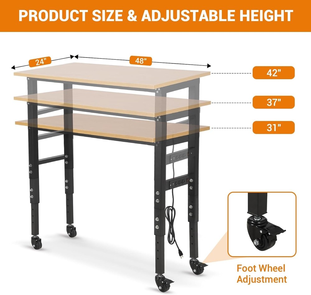 Heavy Duty Adjustable Garage Workbench 48" Table Power Outlet Tool Bench