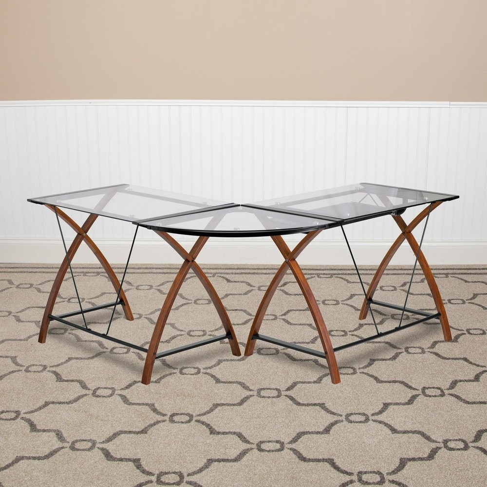 Glass L-Shape Corner Computer Desk With Pull-Out Keyboard Tray