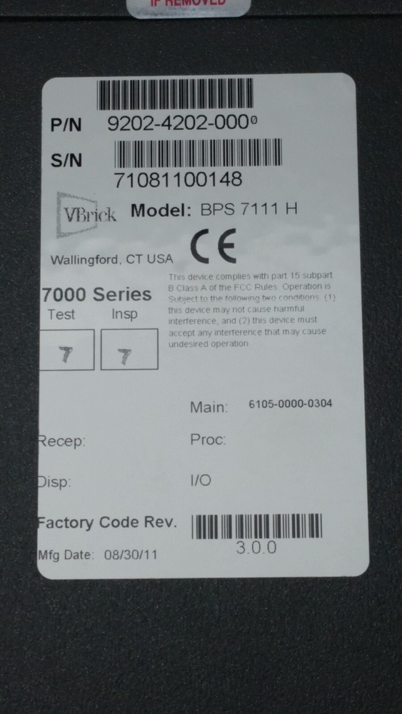 VBrick BPS 7111H 9202-4202-000 Network Video Appliance Encoder
