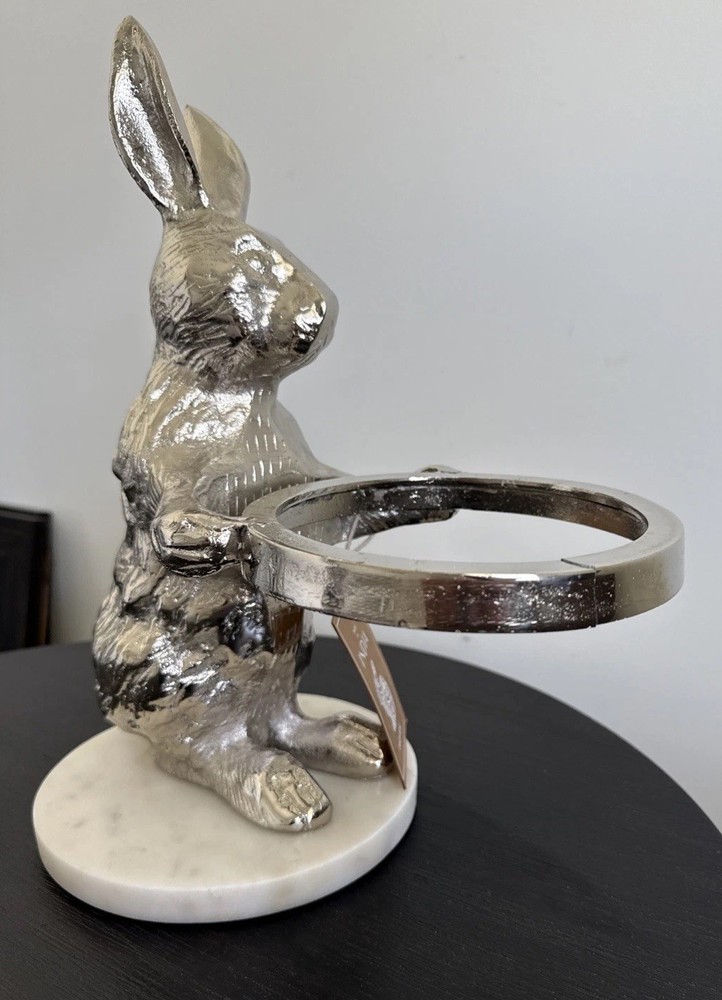12.5” Silver Easter Rabbit on Marble Stand Missing Candy Glass Bowl Home Decor