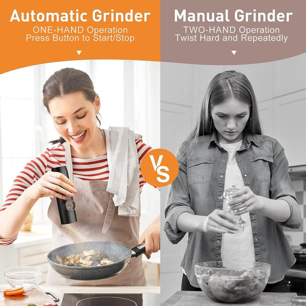 Rechargeable Electric Salt & Pepper Grinder Set | Auto Mill | LED Light | Black