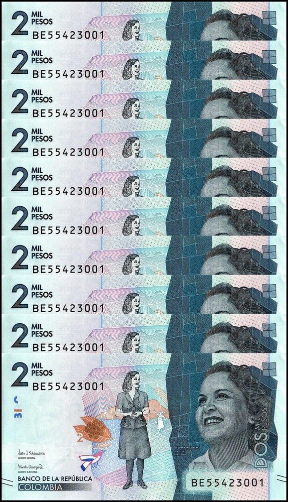 Colombia 2000 Pesos, 2019, P-458e, UNC X 10 PCS