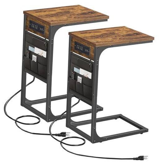 C Shaped End Table with Charging Station, Side Table for Sofa, Couch 2 Brown