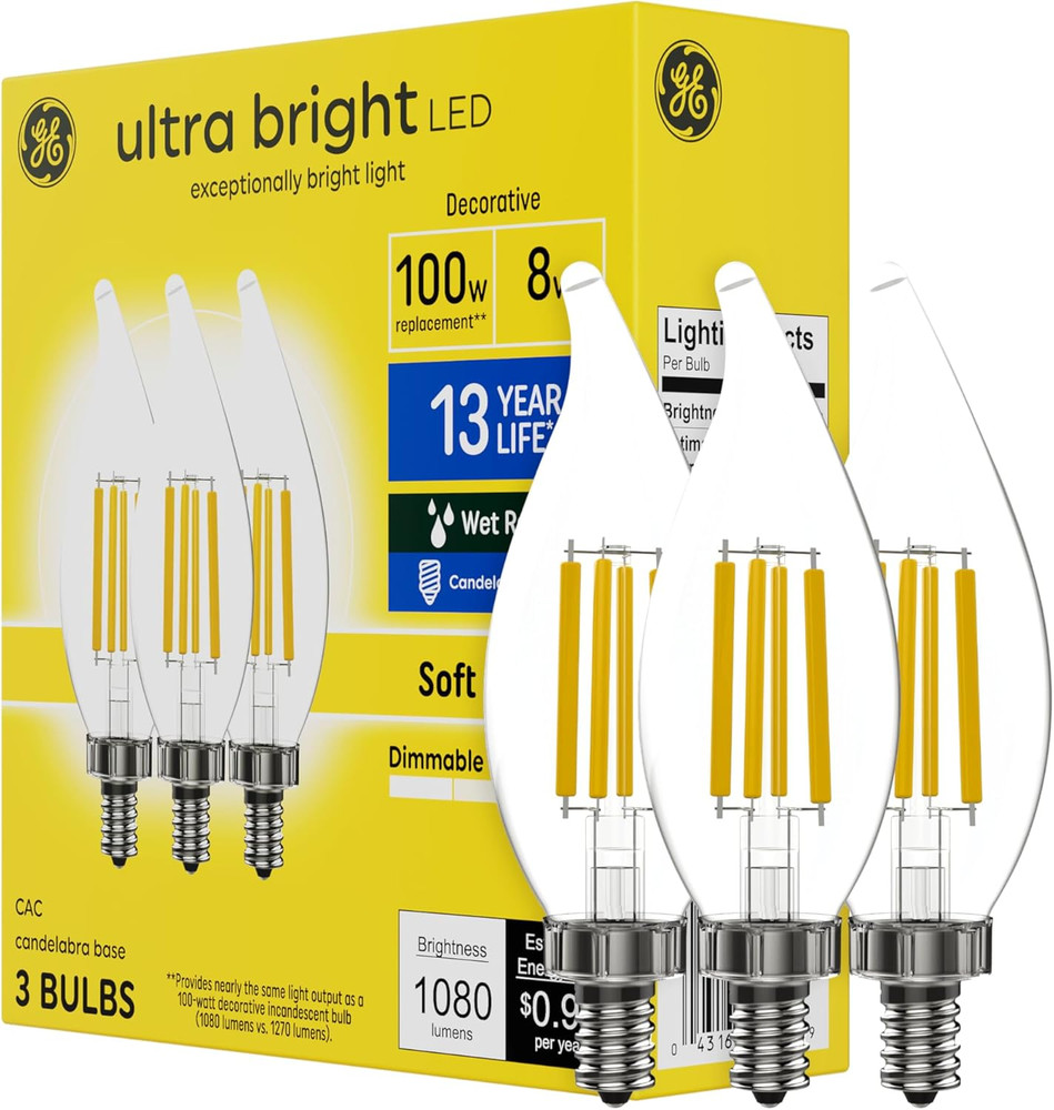 GE Ultra Bright LED Light Bulbs, 100W, Soft White Candle Lights, Clear Decorativ