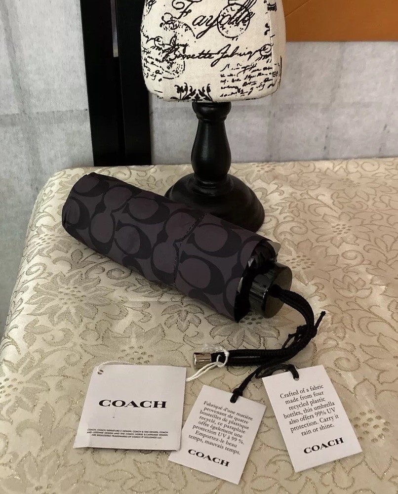 Coach NWT UV Signature Mini Compact Foldable Umbrella w/ Cover & Strap-Graphite