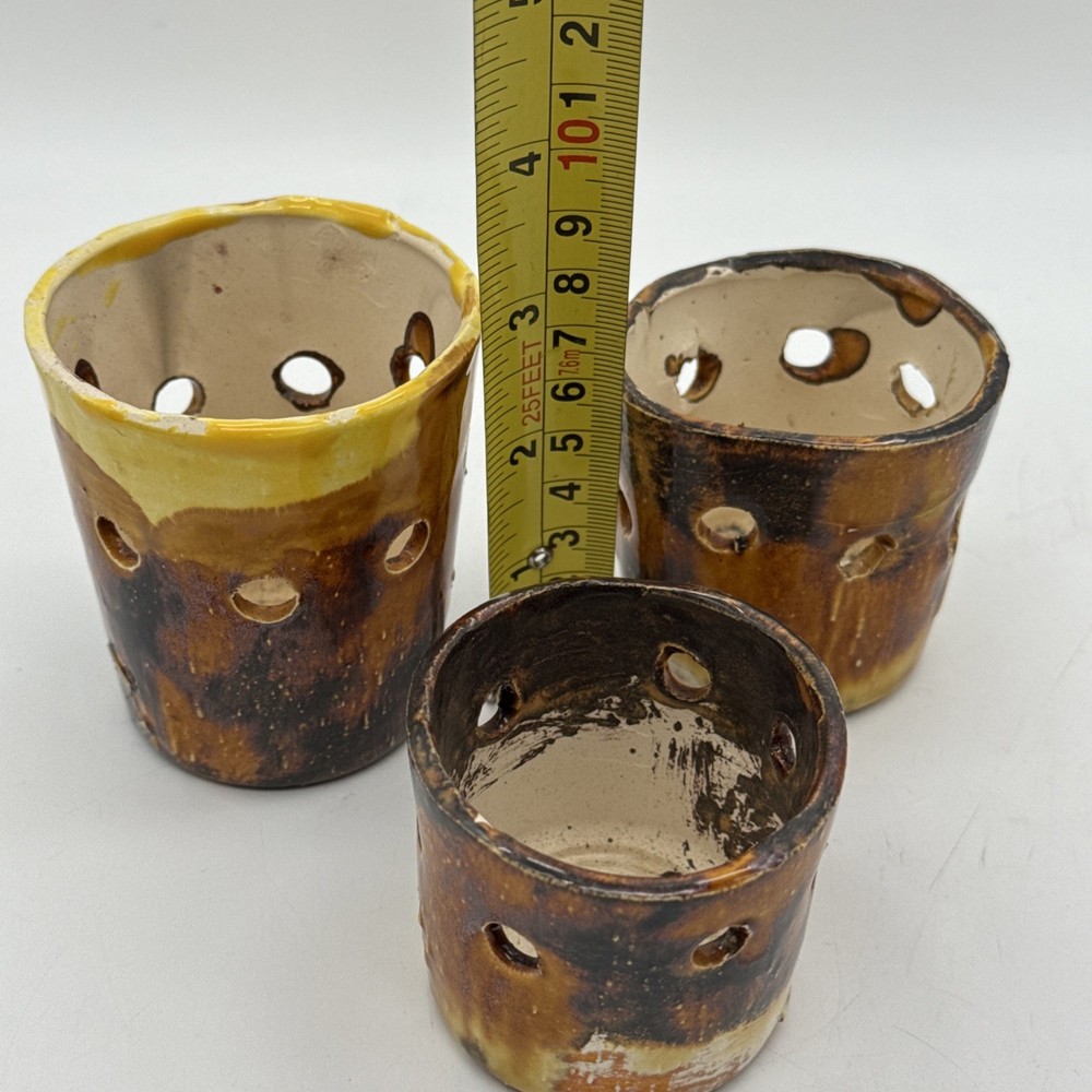 Handmade Ceramic Rustic Tea Light Holder 3 Piece Matching Set Multicolor Glazed