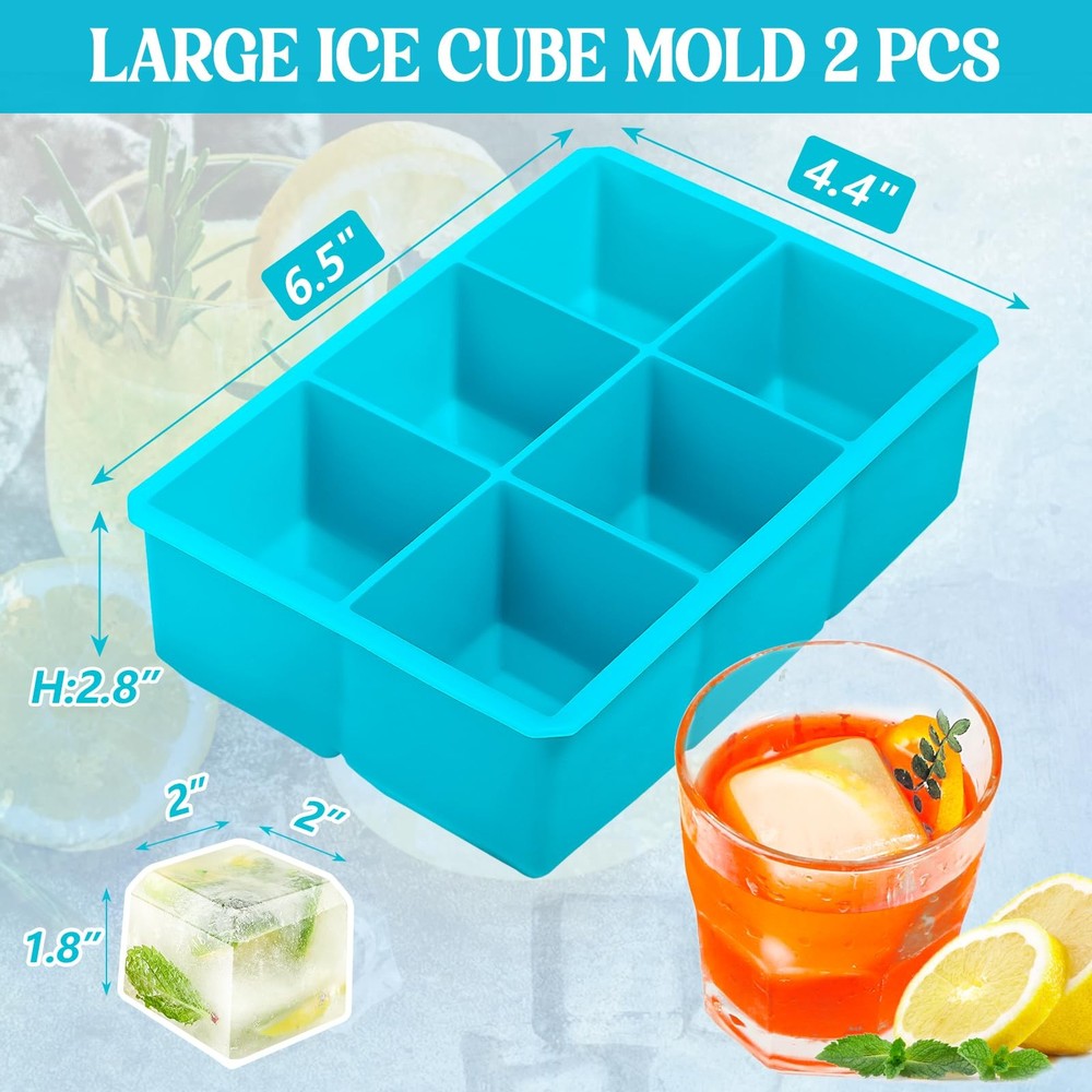 Webake 2 Inch Large Ice Cube Tray, Flexible Mold Square, Blue