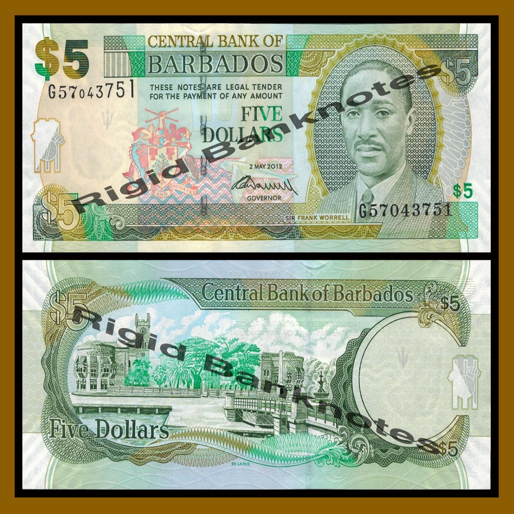 Barbados 5 Dollars, 2012, P-67c, Prefix-G, Unc