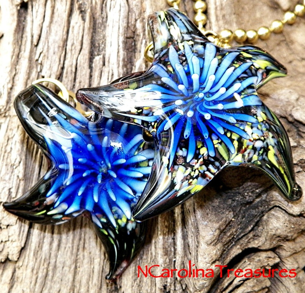 STAR STARFISH GLASS CEILING FAN LIGHT SWITCH PULL DARK BLUE BLACK BURST LG PAIR