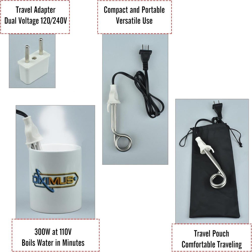 Immersion Water Heater Electric Camping Accessories - 300W - 120/240V - Dual Vol