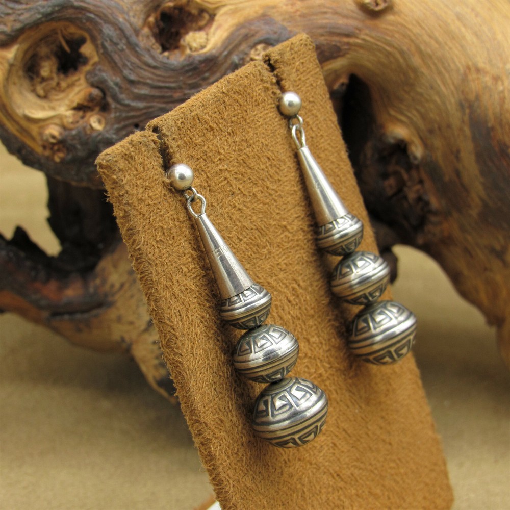 Sterling Silver Graduated Stamped Bead Dangle Post Earrings