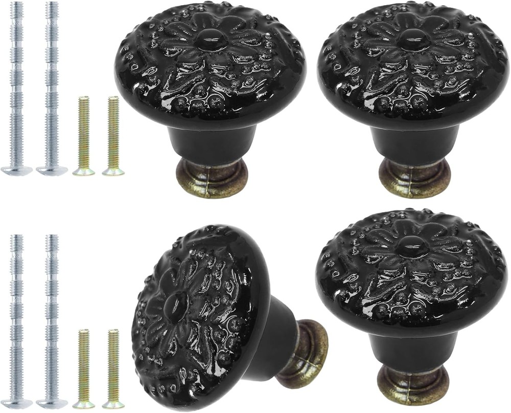 4pcs Black Ceramic Knobs, Vintage & Retro Dresser & Cabinet Knobs, Decorative Dr