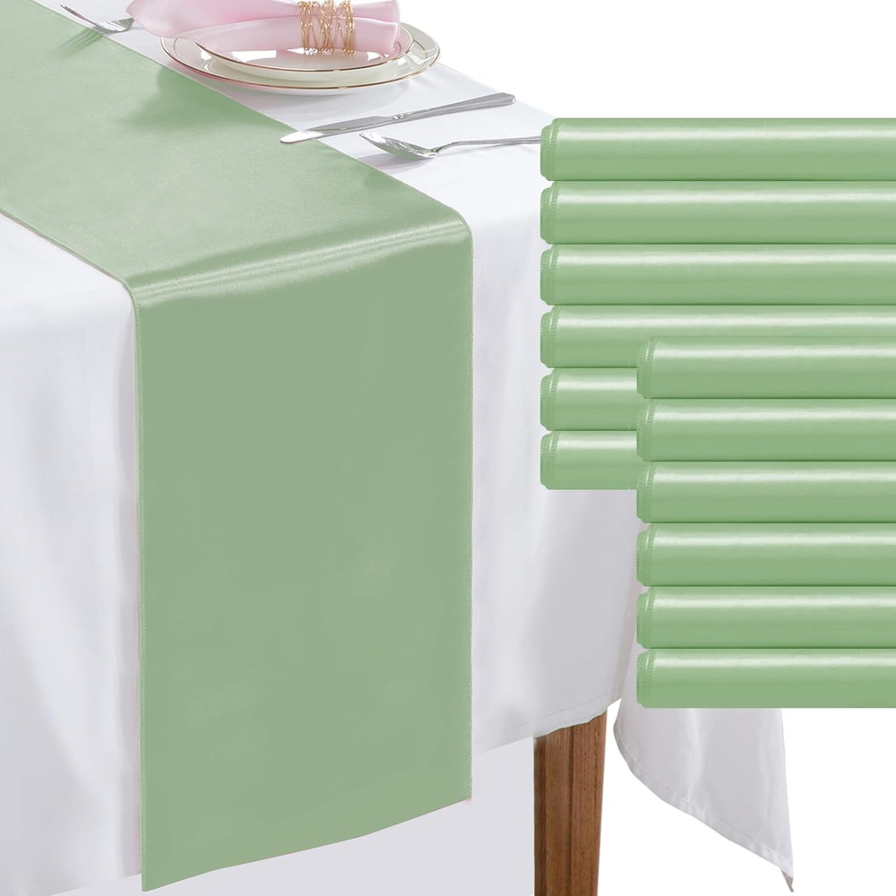 12 Pack Sage Green Table Runners 12 X 108 Inch, Rectangular Smooth Satin Silk Ta
