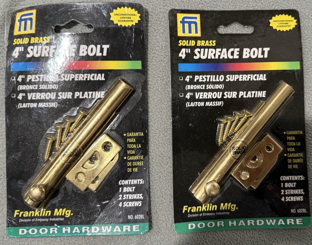 2 Pack Franklin - Solid Brass Polished Surface Bolt 4" w/ Rim & Mortise Strikes