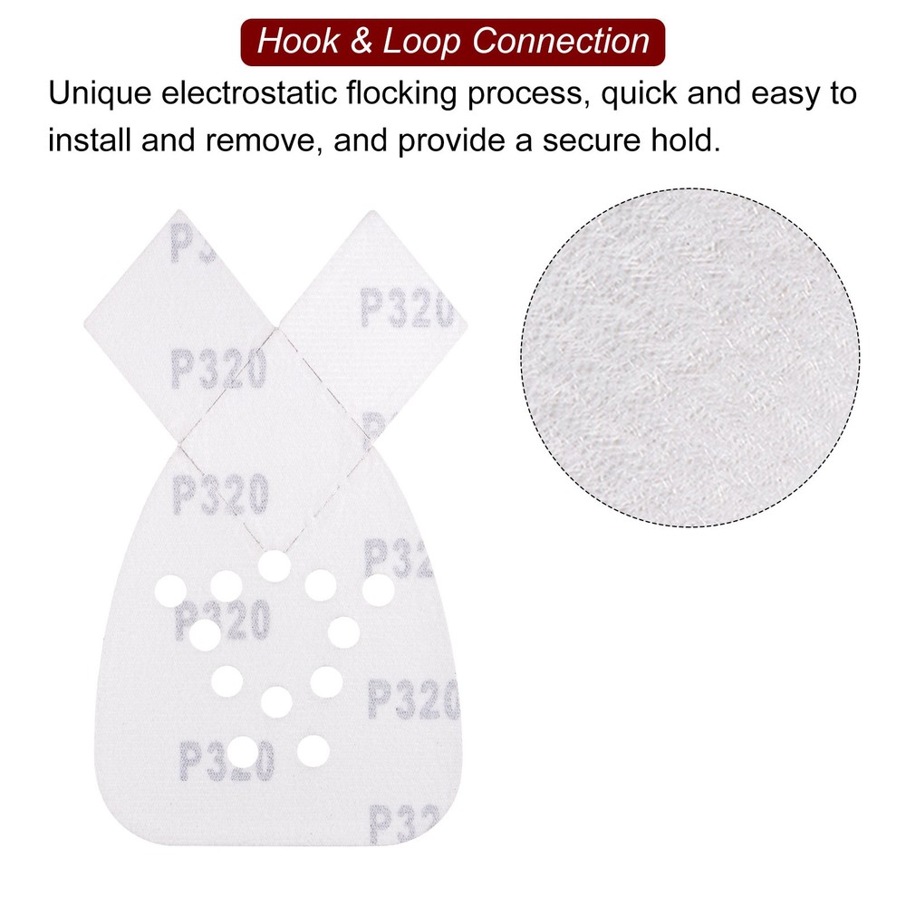 40pcs 320 Grit 12 Hole Hook Loop Sandpaper Triangular Sanding Pad with Extra Tip