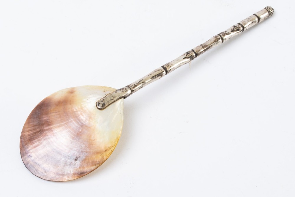 Antique Silver Plated Bamboo Handle Spoon with Shell Scoop 7.5" Long